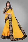 Solid, Woven Daily Wear Cotton Blend Saree black yellow