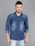 Blue Men Washed Casual Black Shirt Dark Blue