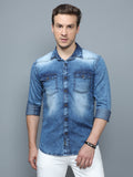 Men Washed Casual Grey Shirt Blue Faded