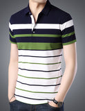 Striped Men Polo Neck White T-Shirt Auto Striper7-Whie-Dark Navy-Green